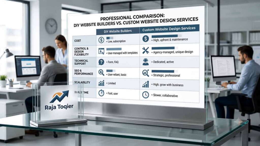 A professional comparison chart showing the differences between "design my own website" DIY builders and custom website design services