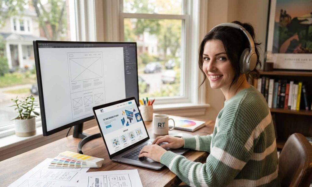 Local website designer working on a laptop