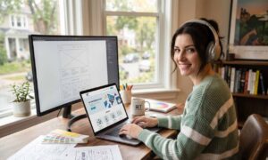 Local website designer working on a laptop