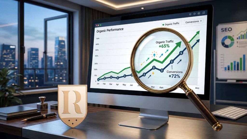 A magnifying glass over a graph showing increasing organic traffic and conversions, representing successful SEO marketing strategies.