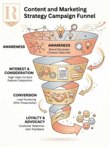 Content and marketing strategy diagram showing campaign funnel