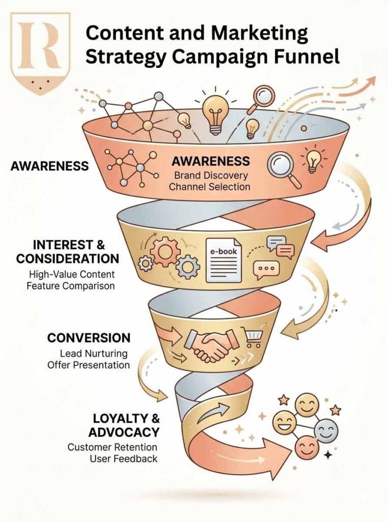 Content and marketing strategy diagram showing campaign funnel