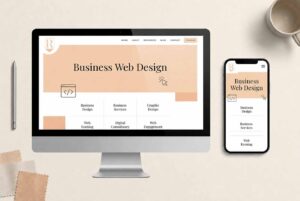 Custom business web design mockup showing responsive layouts on desktop and mobile