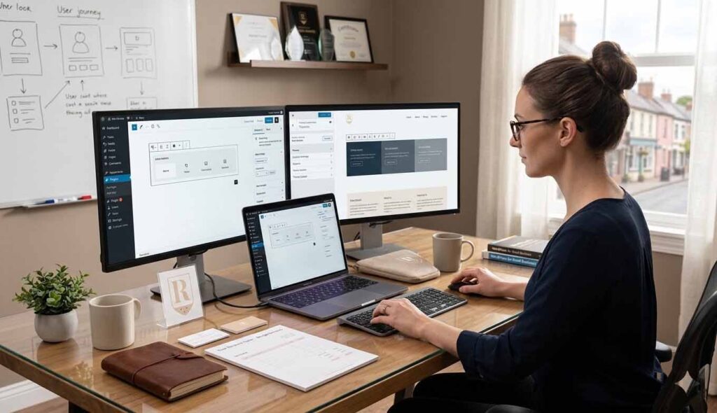 Professional website designer for small business working on a custom WordPress site.