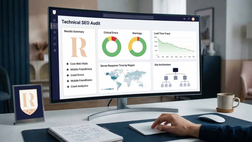 SEO analysis dashboard showing technical audit results for a website