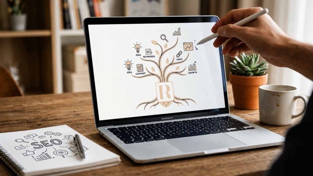 SEO for content strategy checklist on a laptop screen