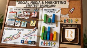 Social media and marketing strategy dashboard showing audience engagement and conversion metrics