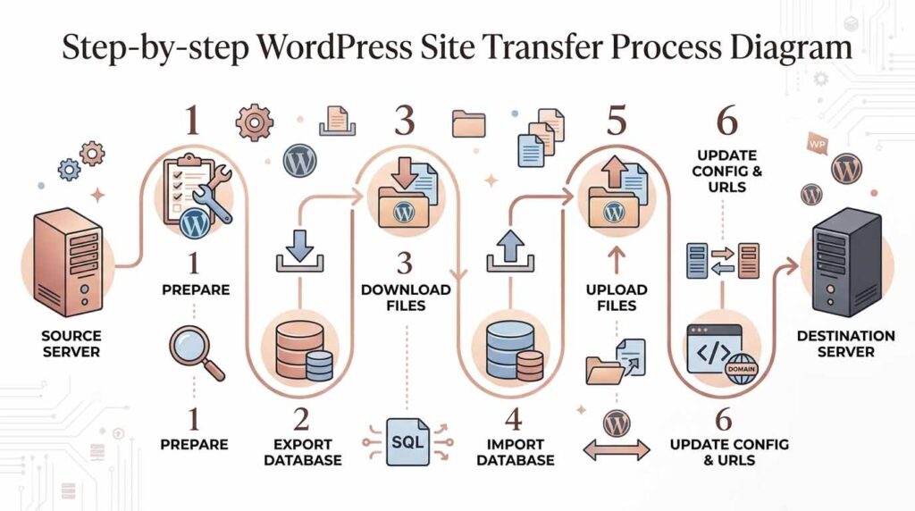 Step-by-step WordPress site transfer process diagram