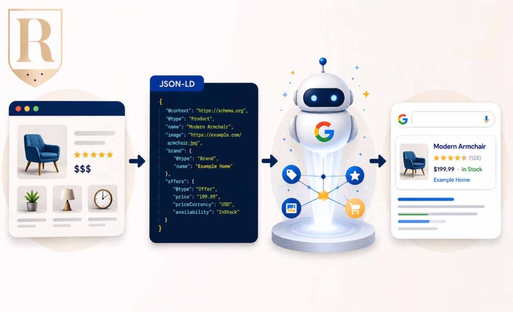 Visual diagram showing how structured data markup works with JSON-LD and rich snippets in Google Search