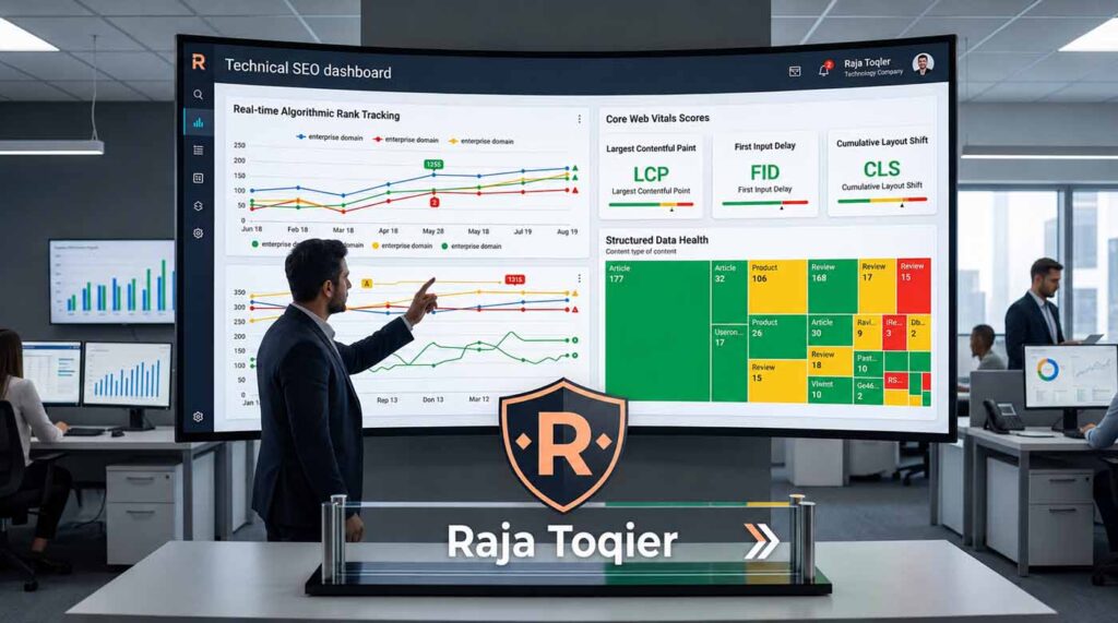 An SEO technology company dashboard displaying real-time algorithmic rank tracking, Core Web Vitals scores, and structured data health across enterprise websites
