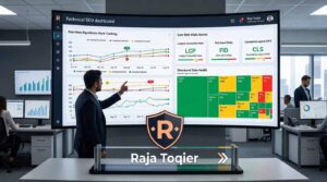 An SEO technology company dashboard displaying real-time algorithmic rank tracking, Core Web Vitals scores, and structured data health across enterprise websites
