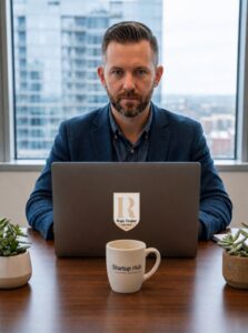 Business owner comparing web design companies near me on a laptop