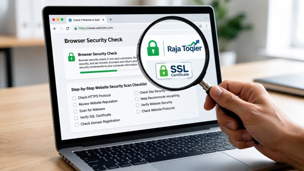 Detailed illustration showing how to check if website is safe, featuring a magnifying glass inspecting a browser padlock icon, an SSL certificate badge, and a step-by-step security scan checklist on a laptop screen
