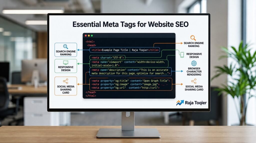 Diagram illustrating the essential Meta Tags on Website HTML head section, including title tag, meta description, viewport, charset, and Open Graph tags used for SEO.