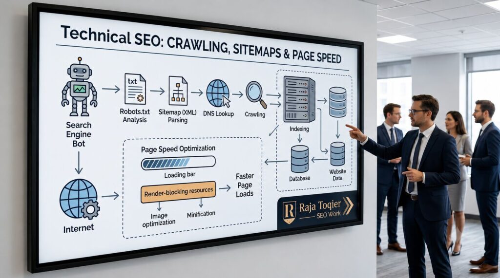 Diagram showing technical SEO elements like crawling, sitemaps, and page speed