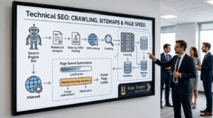 Diagram showing technical SEO elements like crawling, sitemaps, and page speed