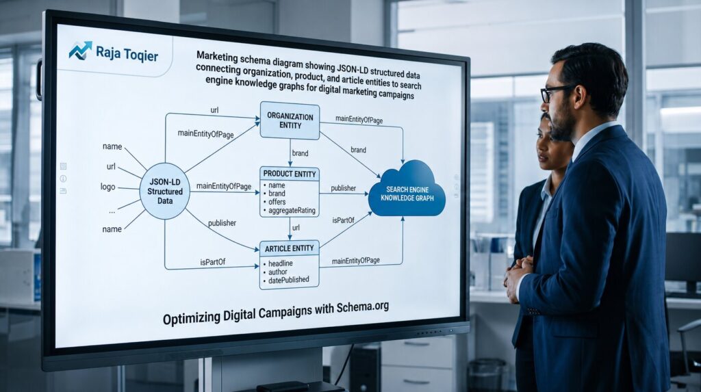 Marketing schema diagram showing JSON-LD structured data connecting organization, product, and article entities to search engine knowledge graphs for digital marketing campaigns