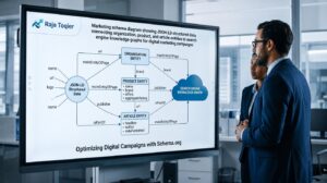 Marketing schema diagram showing JSON-LD structured data connecting organization, product, and article entities to search engine knowledge graphs for digital marketing campaigns