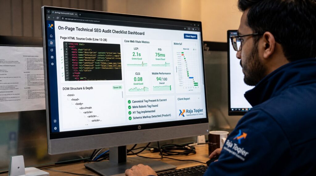 On page technical seo checklist dashboard showing HTML source code, DOM structure, and Core Web Vitals metrics for a webpage audit