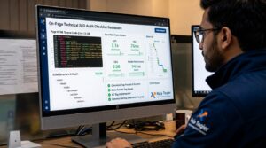 On page technical seo checklist dashboard showing HTML source code, DOM structure, and Core Web Vitals metrics for a webpage audit