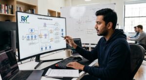 Developer reviewing scalable architecture blueprints for custom web development services
