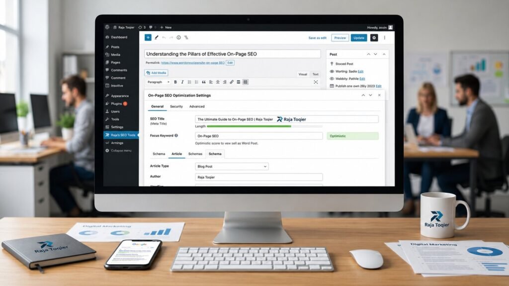 WordPress dashboard screenshot showing on page SEO WordPress optimization settings including meta title, focus keyword, and schema markup fields