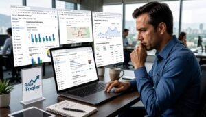 Business owner comparing a seo company near me on a laptop with Google Business Profile insights, Local Pack results, review trends, call tracking, and AI Overview visibility metrics