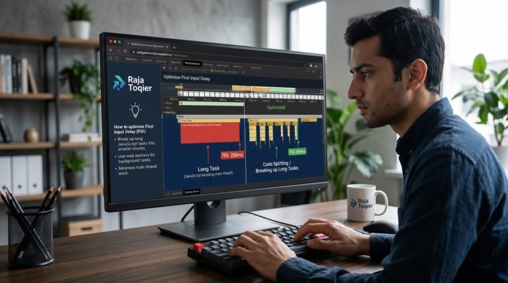 Developer console showing how to optimize First Input Delay by breaking up long JavaScript tasks blocking the main thread