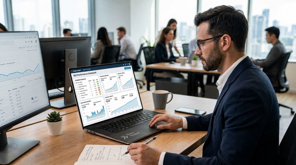Digital marketer analyzing a content marketing SEO strategy dashboard showing keyword research, backlink growth, and organic traffic charts on a laptop screen