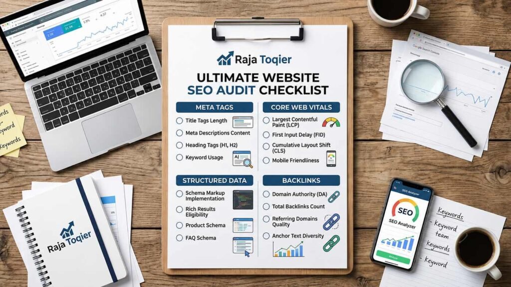Flat-lay checklist graphic illustrating how to check SEO site performance across meta tags, Core Web Vitals, structured data, and backlinks