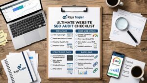 Flat-lay checklist graphic illustrating how to check SEO site performance across meta tags, Core Web Vitals, structured data, and backlinks