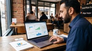 Local business owner reviewing seo maps google ranking factors on a laptop dashboard showing Google Business Profile analytics, Local Pack map pins, and customer review growth charts