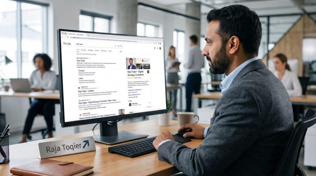 Professional viewing Google Search results for their name with an online profile and website presence