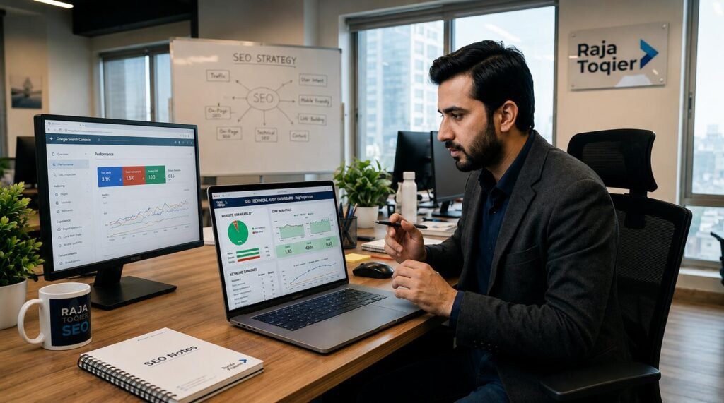 SEO Consultant reviewing technical SEO, local search visibility, Google Business Profile data, keyword research, AI search optimization, and business performance metrics on a desktop analytics dashboard