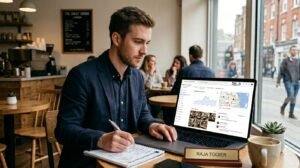 Small business owner completing google business optimization steps on a laptop, reviewing Google Business Profile photos, reviews, and Maps ranking data