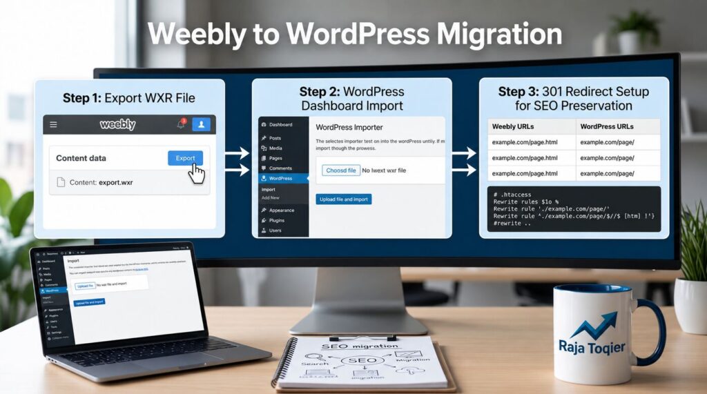 Step-by-step diagram illustrating the Weebly to WordPress migration process, showing WXR file export, WordPress Dashboard import screen, and 301 redirect setup for SEO preservation