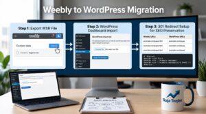 Step-by-step diagram illustrating the Weebly to WordPress migration process, showing WXR file export, WordPress Dashboard import screen, and 301 redirect setup for SEO preservation