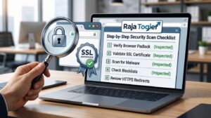 Step-by-step diagram showing how to transfer a website to a new domain without losing SEO — database backup, file migration, 301 redirects, and Google Search Console re-indexing