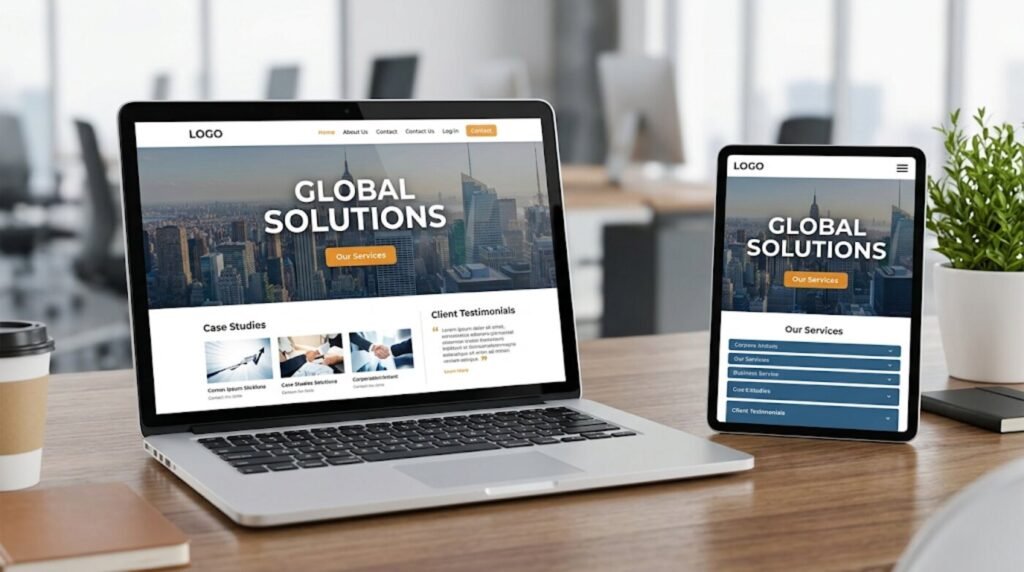 Corporate website design mockup on laptop and tablet screens