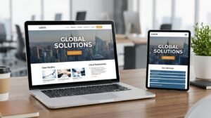 Corporate website design mockup on laptop and tablet screens